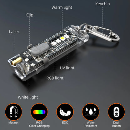 Summervibe Nicron K11 Pro Magnetic Keychain Flashlight, 550 Lumens RGB & UV Laser Light, 12H Runtime, 82M Beam, IPX4 Waterproof Rechargeable EDC Light for Outdoor Camping Emergency Use