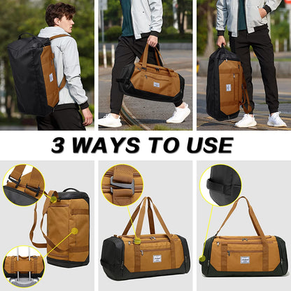 Travel Duffle Bag for Men 40L Medium Sports Gym Bag with Wet Pocket & Shoes Compartment Weekender Overnight Backpack for Traveling Duffel Bag Backpack for Women, Khaki