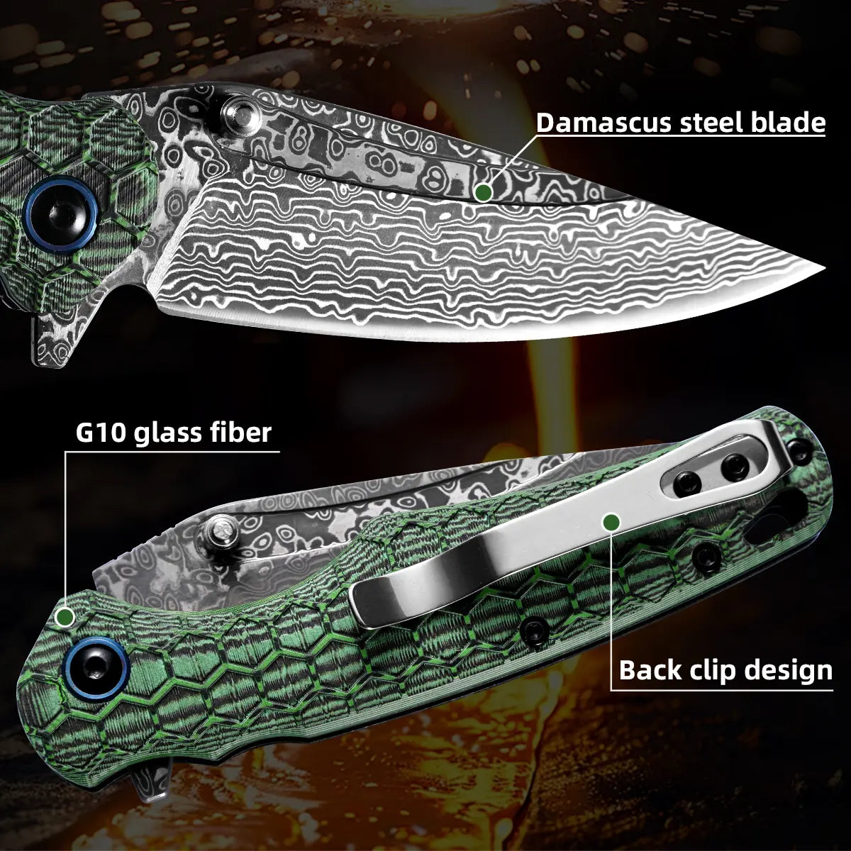 Deals for You - Creative Folding Pocket Knife - Damascus Steel Blade & G10 Handle - Portable for Office, Kitchen and Hiking