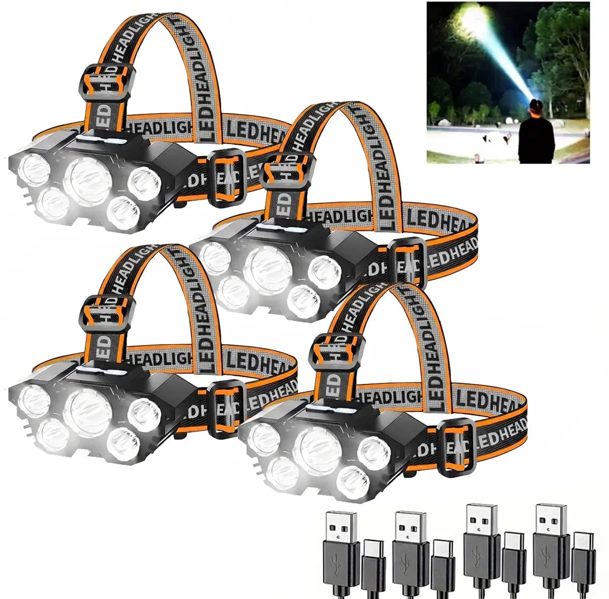 4 Pack Rechargeable LED Headlamp, 3 Modes Waterproof Head Light, Adjustable Bright Head Flashlight for Outdoor Camping, Hiking, Trekking, One for You One for Partner, or Keep One as Backup, Hands-Free Lightweight Gear for Trail, Tent Setup & Night Fishing