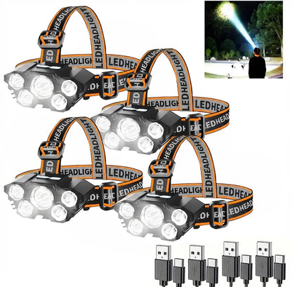 4 Pack Rechargeable LED Headlamp, 3 Modes Waterproof Head Light, Adjustable Bright Head Flashlight for Outdoor Camping, Hiking, Trekking, One for You One for Partner, or Keep One as Backup, Hands-Free Lightweight Gear for Trail, Tent Setup & Night Fishing