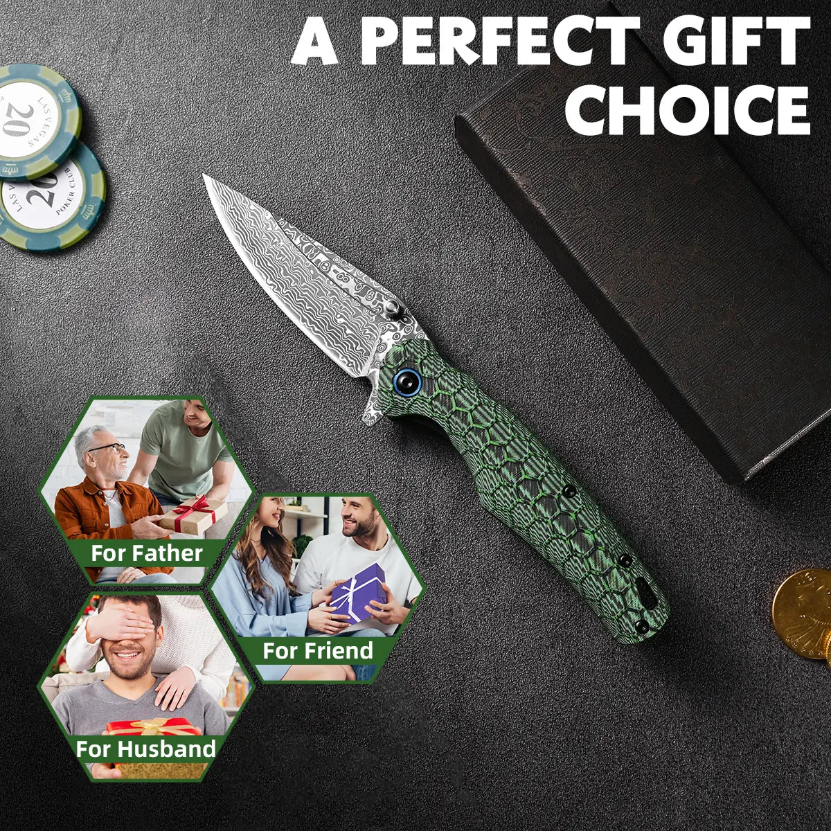 Deals for You - Creative Folding Pocket Knife - Damascus Steel Blade & G10 Handle - Portable for Office, Kitchen and Hiking