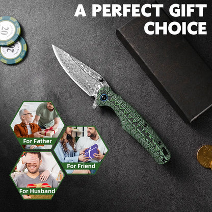 Deals for You - Creative Folding Pocket Knife - Damascus Steel Blade & G10 Handle - Portable for Office, Kitchen and Hiking