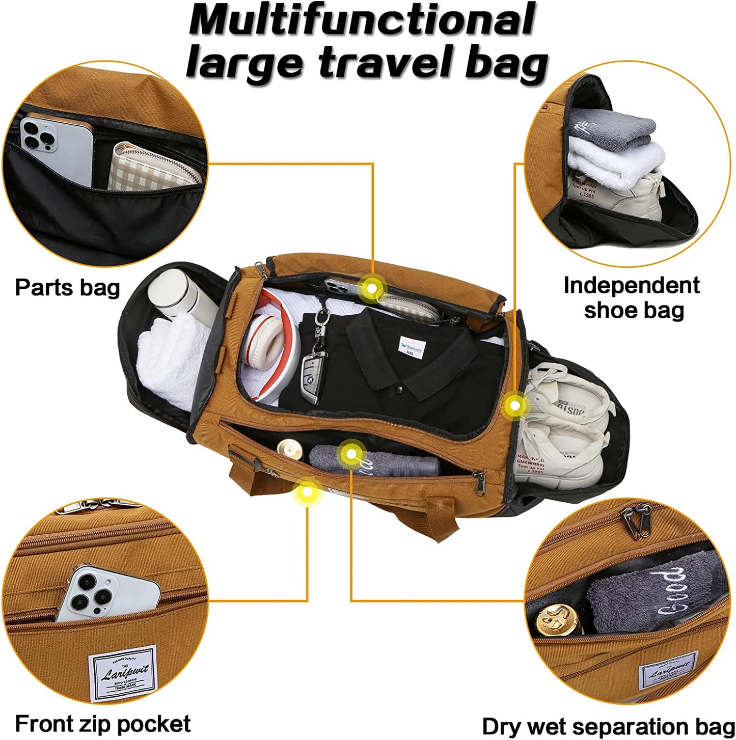 Travel Duffle Bag for Men 40L Medium Sports Gym Bag with Wet Pocket & Shoes Compartment Weekender Overnight Backpack for Traveling Duffel Bag Backpack for Women, Khaki
