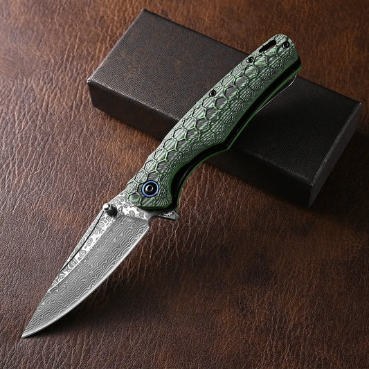 Deals for You - Creative Folding Pocket Knife - Damascus Steel Blade & G10 Handle - Portable for Office, Kitchen and Hiking