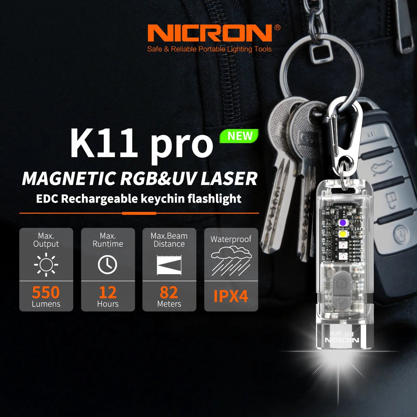 Summervibe Nicron K11 Pro Magnetic Keychain Flashlight, 550 Lumens RGB & UV Laser Light, 12H Runtime, 82M Beam, IPX4 Waterproof Rechargeable EDC Light for Outdoor Camping Emergency Use
